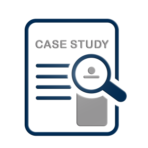 Magnifying glass hovering over a generic image of a case study document